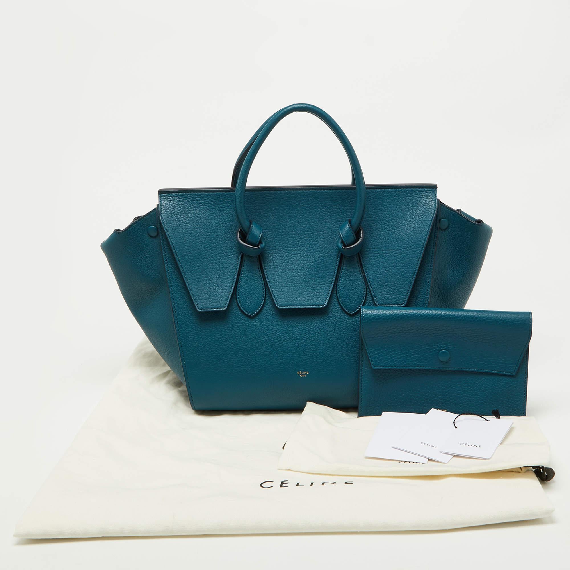Celine Teal Blue Leather Small Tie Tote For Sale 9