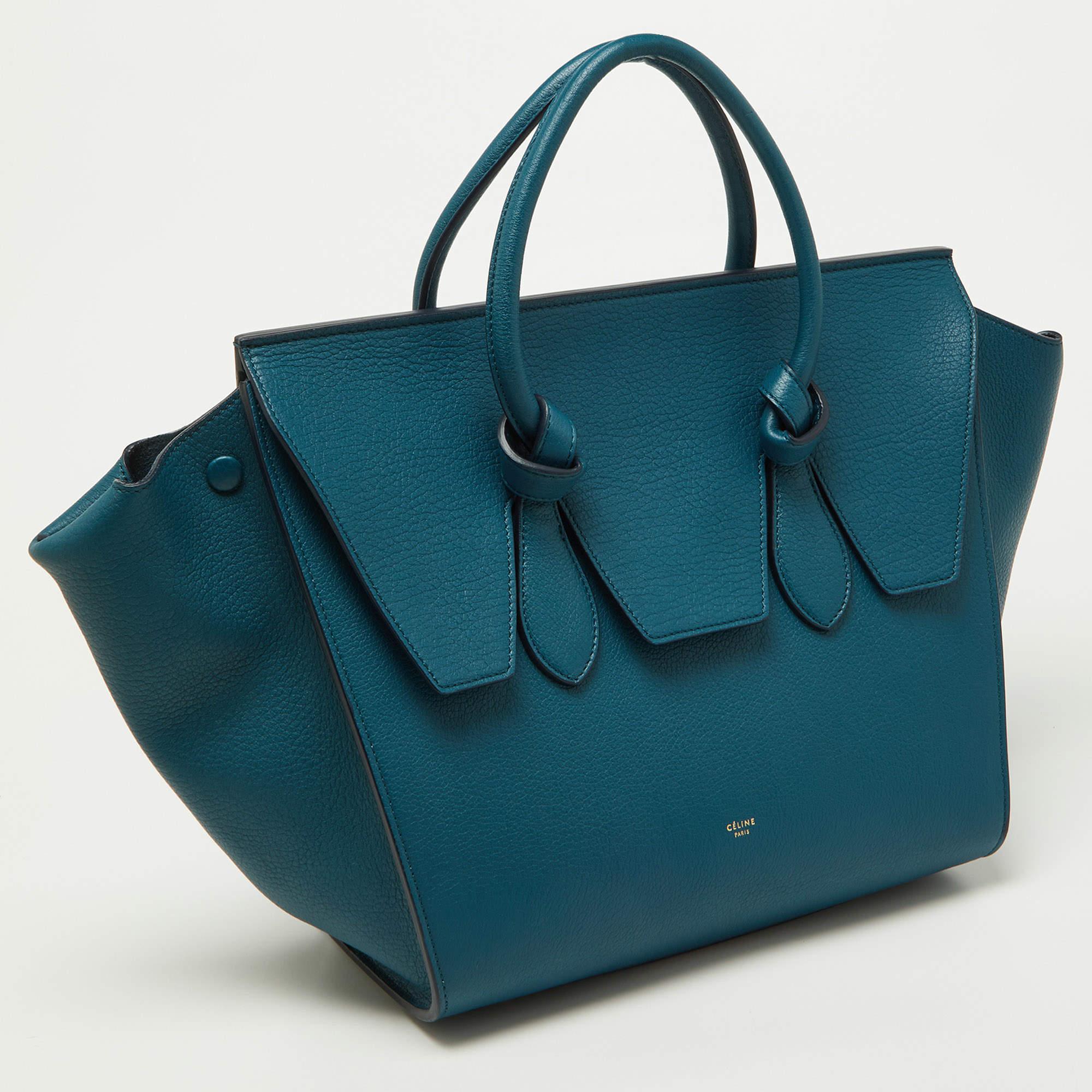 Celine Teal Blue Leather Small Tie Tote For Sale 5