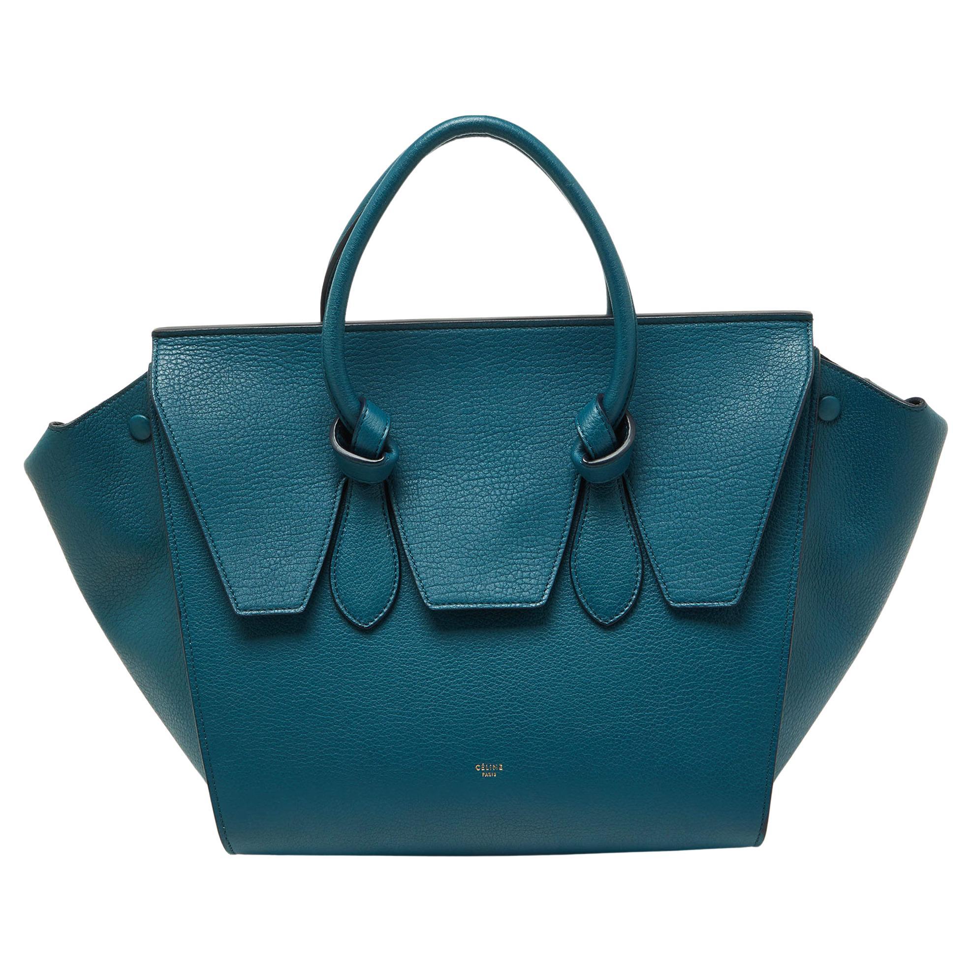 Celine Teal Blue Leather Small Tie Tote For Sale
