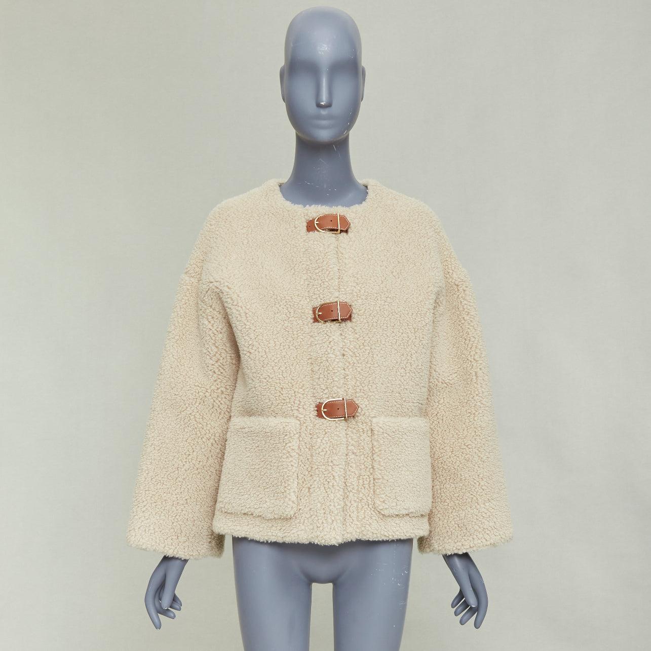 CELINE Teddy abrigo con hebilla de piel de becerro marrón de seda de cachemira crudo FR34 XS en venta 5