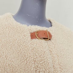 CELINE Teddy ecru cashmere silk brown calfskin leather trim buckled coat FR34 XS