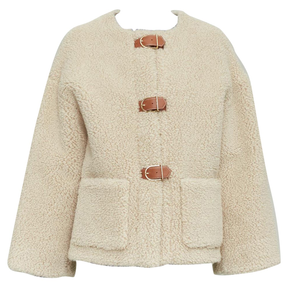 CELINE Teddy ecru cashmere silk brown calfskin leather trim buckled coat FR34 XS