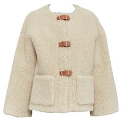 CELINE Teddy ecru cashmere silk brown calfskin leather trim buckled coat FR34 XS