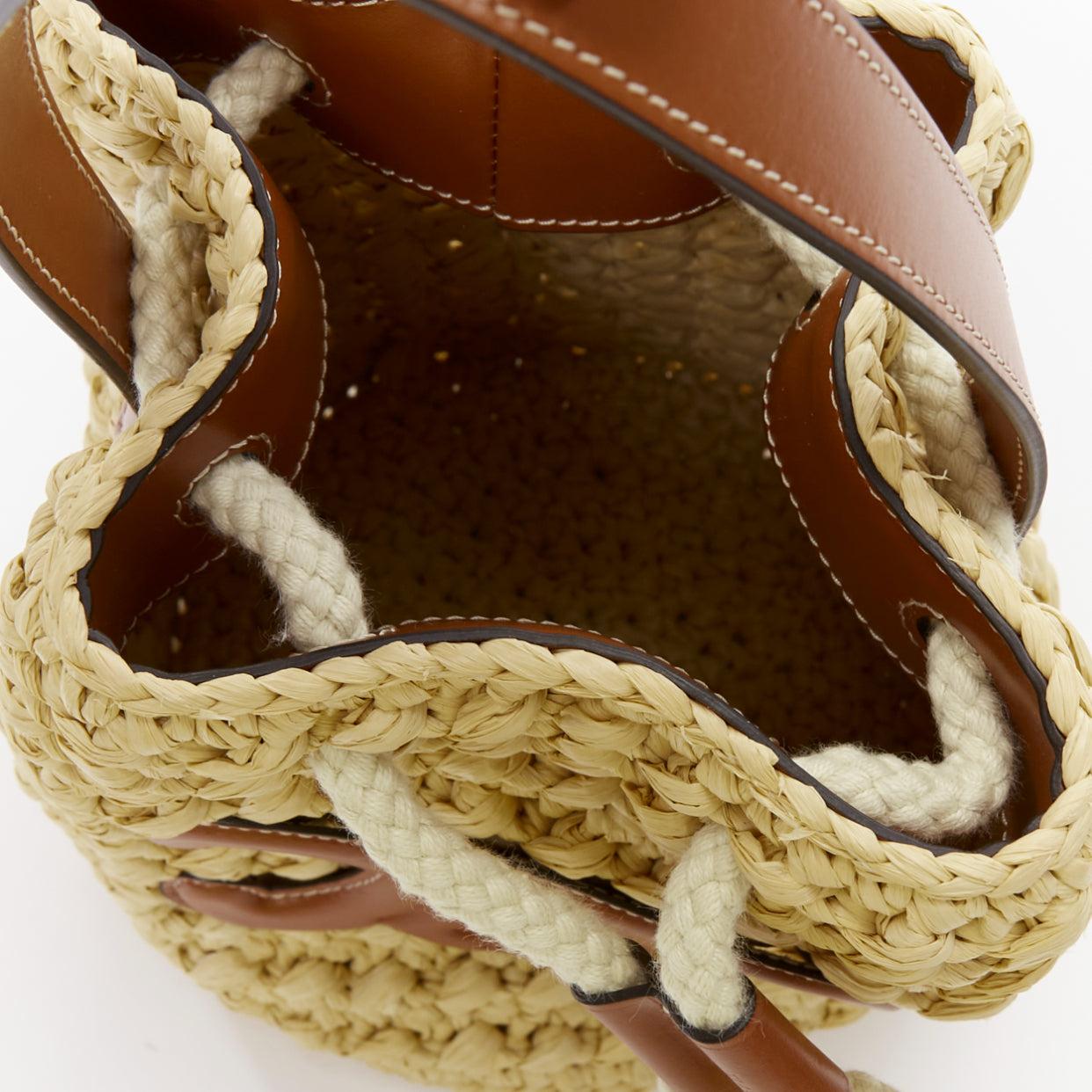 CELINE Teen Triomphe brown leather logo beige raffia drawstring bucket bag 5