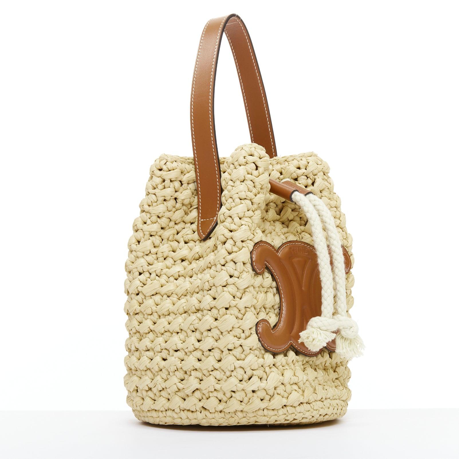 Beige CELINE Teen Triomphe brown leather logo beige raffia drawstring bucket bag