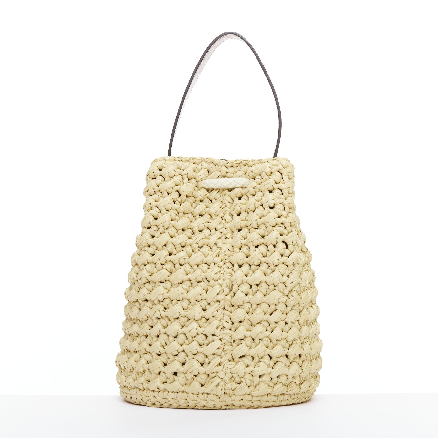 Women's CELINE Teen Triomphe brown leather logo beige raffia drawstring bucket bag