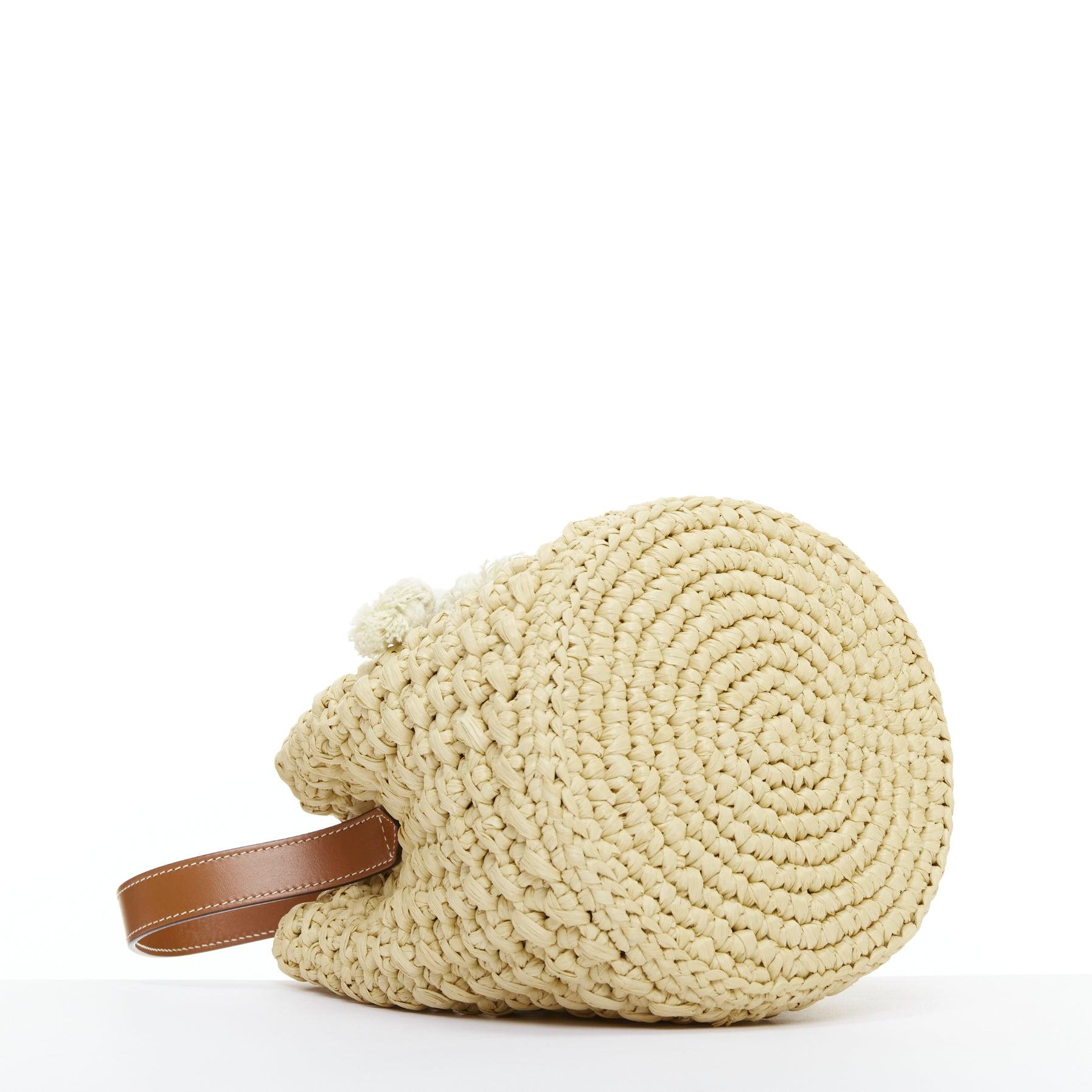 CELINE Teen Triomphe brown leather logo beige raffia drawstring bucket bag 1