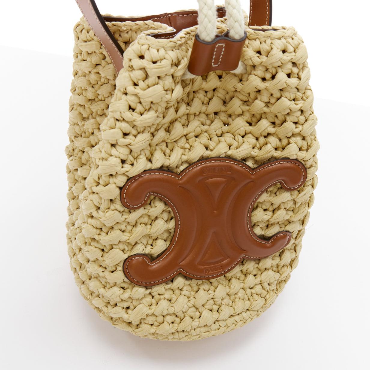 CELINE Teen Triomphe brown leather logo beige raffia drawstring bucket bag 2