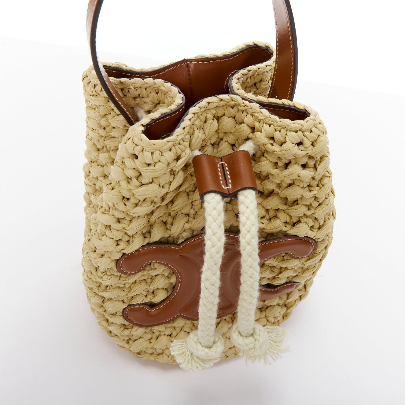 CELINE Teen Triomphe brown leather logo beige raffia drawstring bucket bag 3
