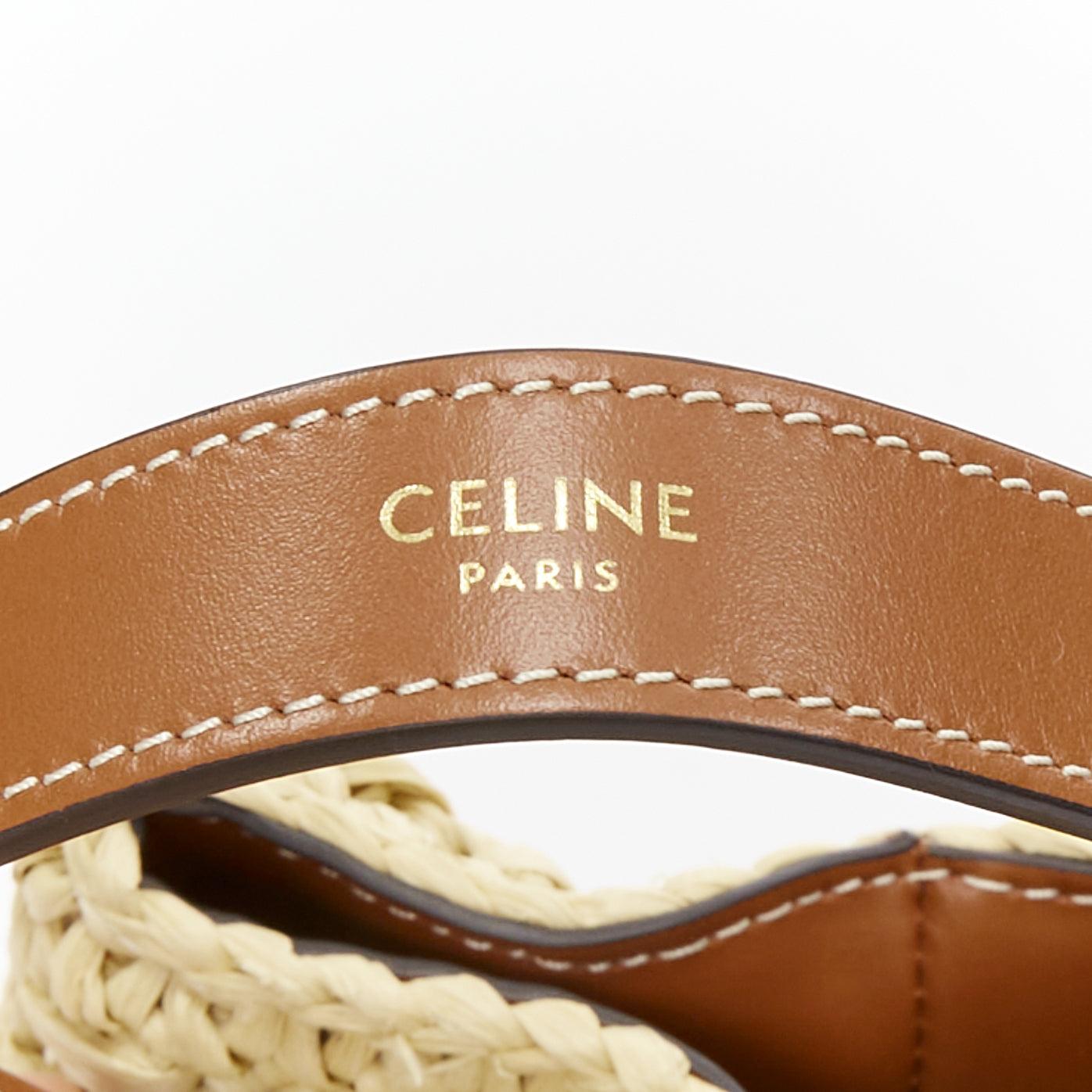CELINE Teen Triomphe brown leather logo beige raffia drawstring bucket bag 4