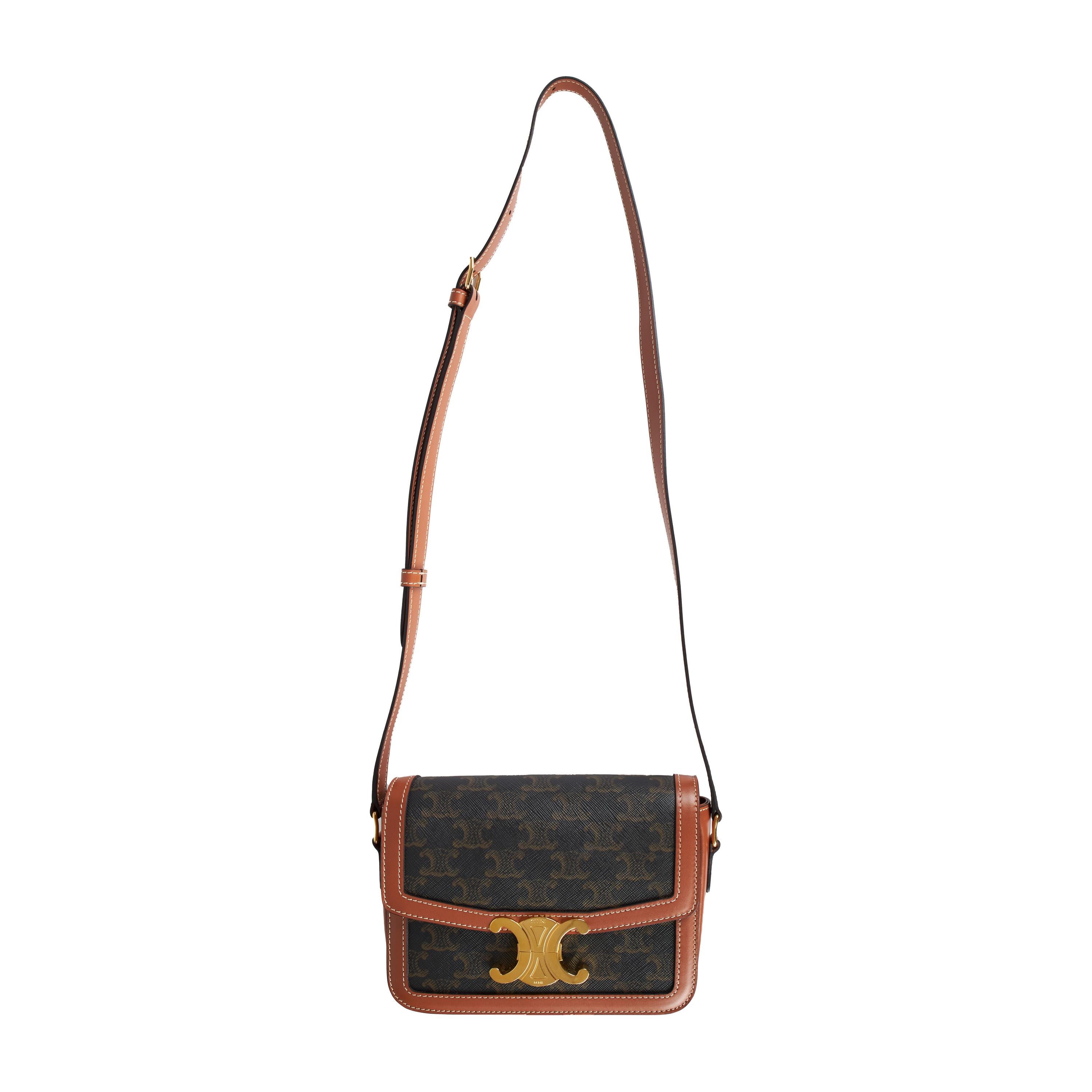The Celine Teen Triomphe Crossbody Bag, crafted with a Triomphe print canvas and trimmings in calfskin, it features a gold finishing on its signature triomphe clasp-lock closure. With two ways to carry: cross-body or shoulder and three inner