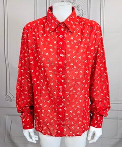 Celine Tomato Red Printed Cotton Batiste Logo Shirt