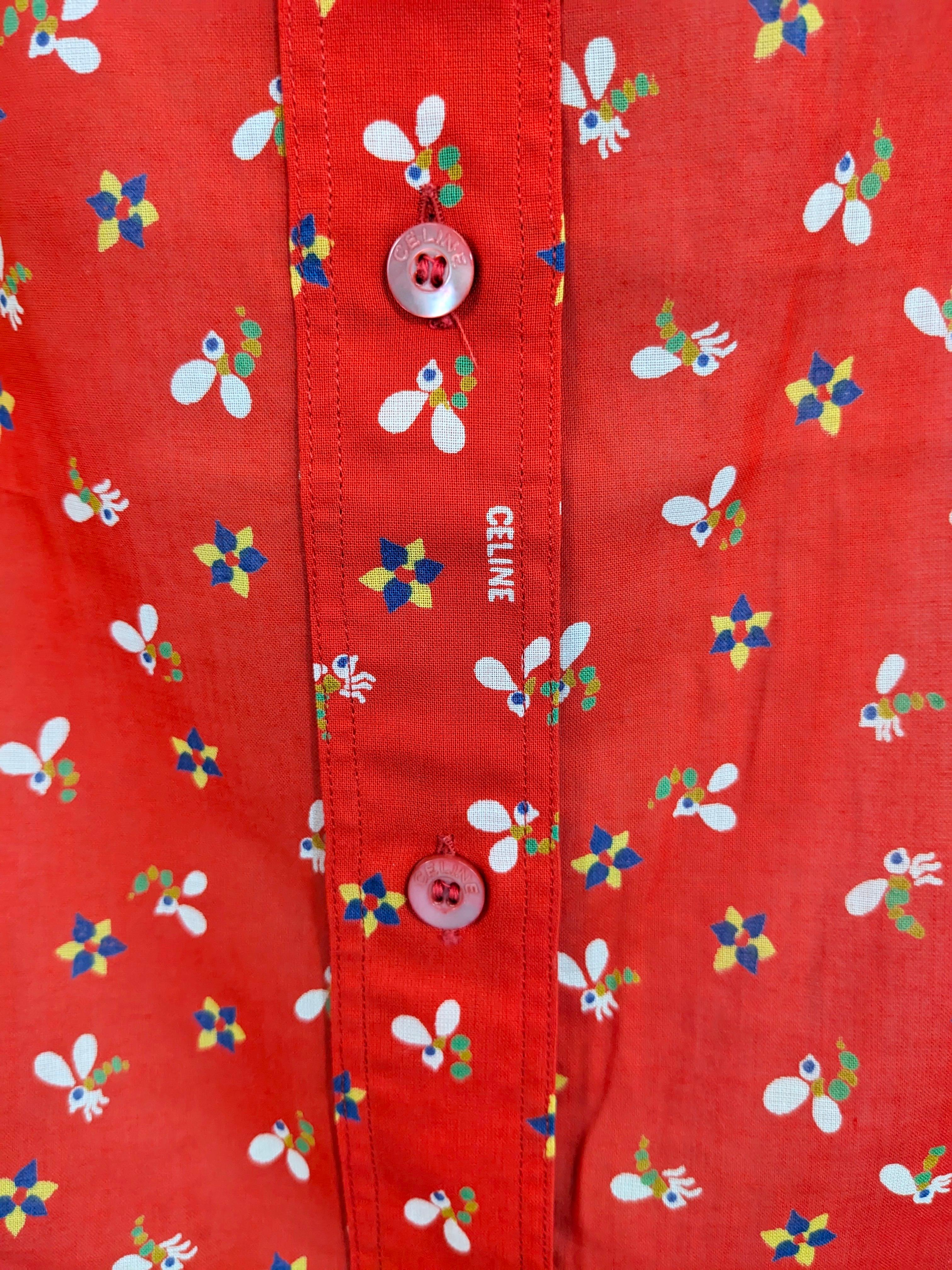 Celine Tomato Red Printed Cotton Batiste Logo Shirt In Good Condition For Sale In New York, NY
