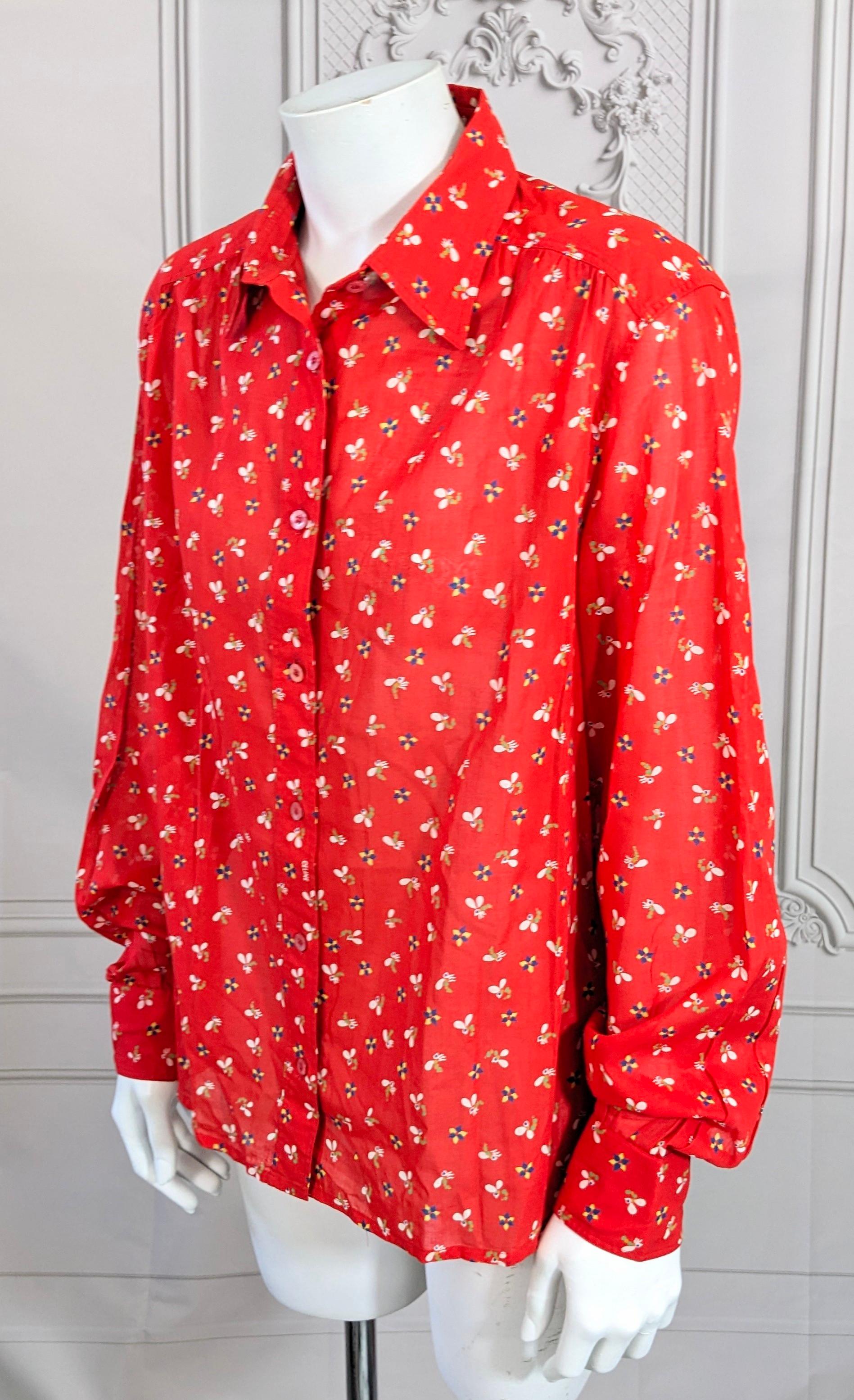Women's Celine Tomato Red Printed Cotton Batiste Logo Shirt For Sale