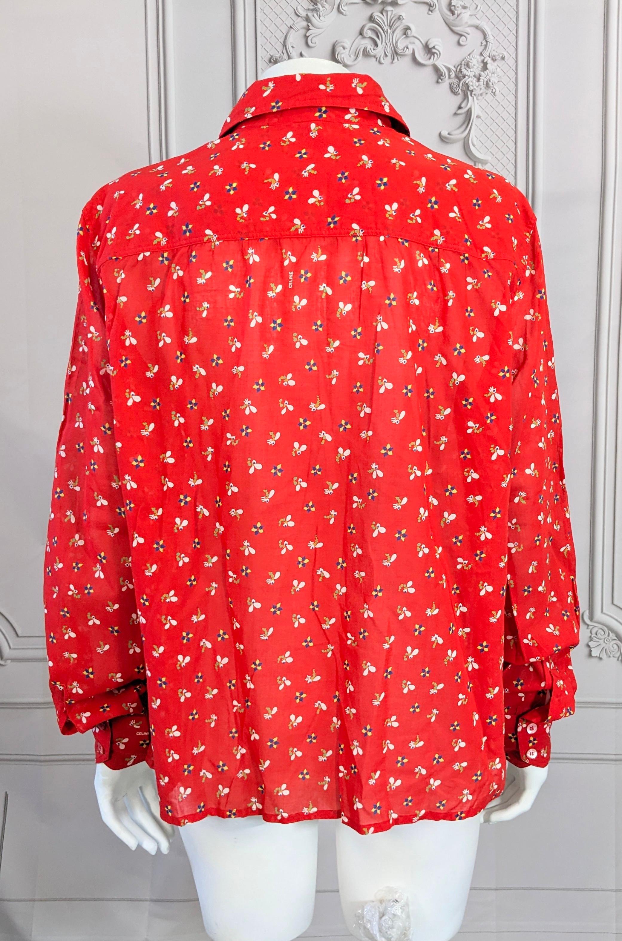 Celine Tomato Red Printed Cotton Batiste Logo Shirt For Sale 1