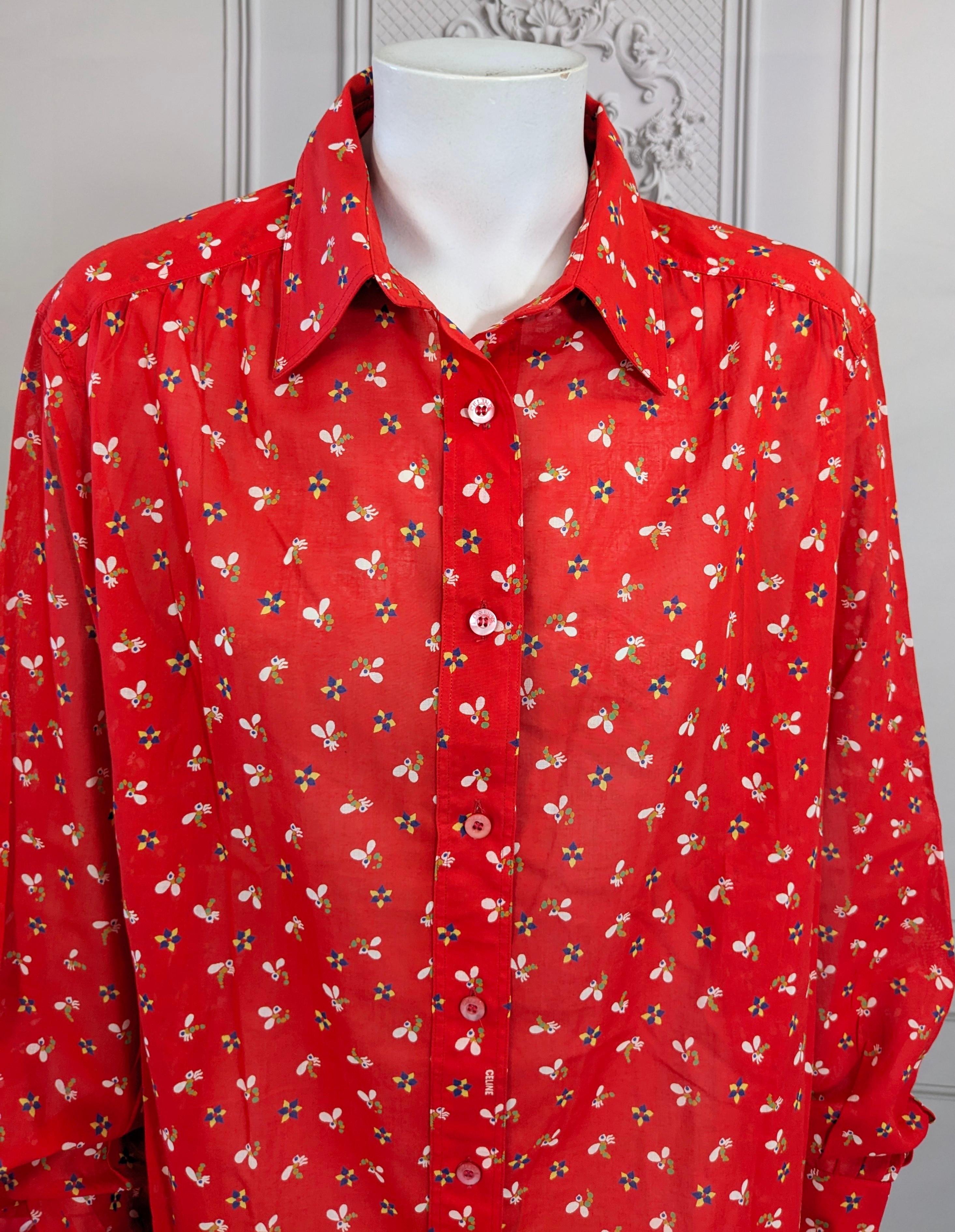 Celine Tomato Red Printed Cotton Batiste Logo Shirt For Sale 2