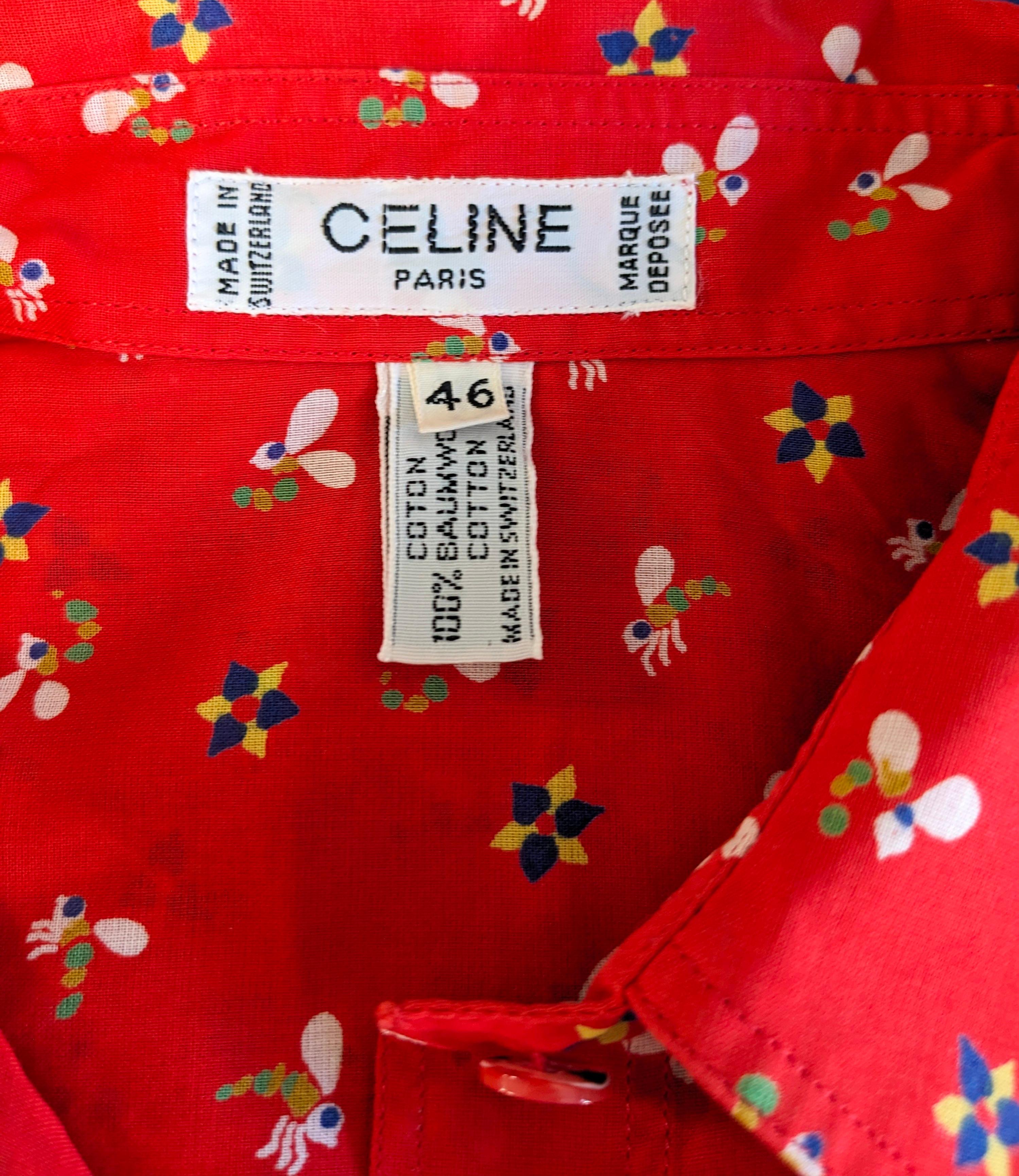 Celine Tomato Red Printed Cotton Batiste Logo Shirt For Sale 3