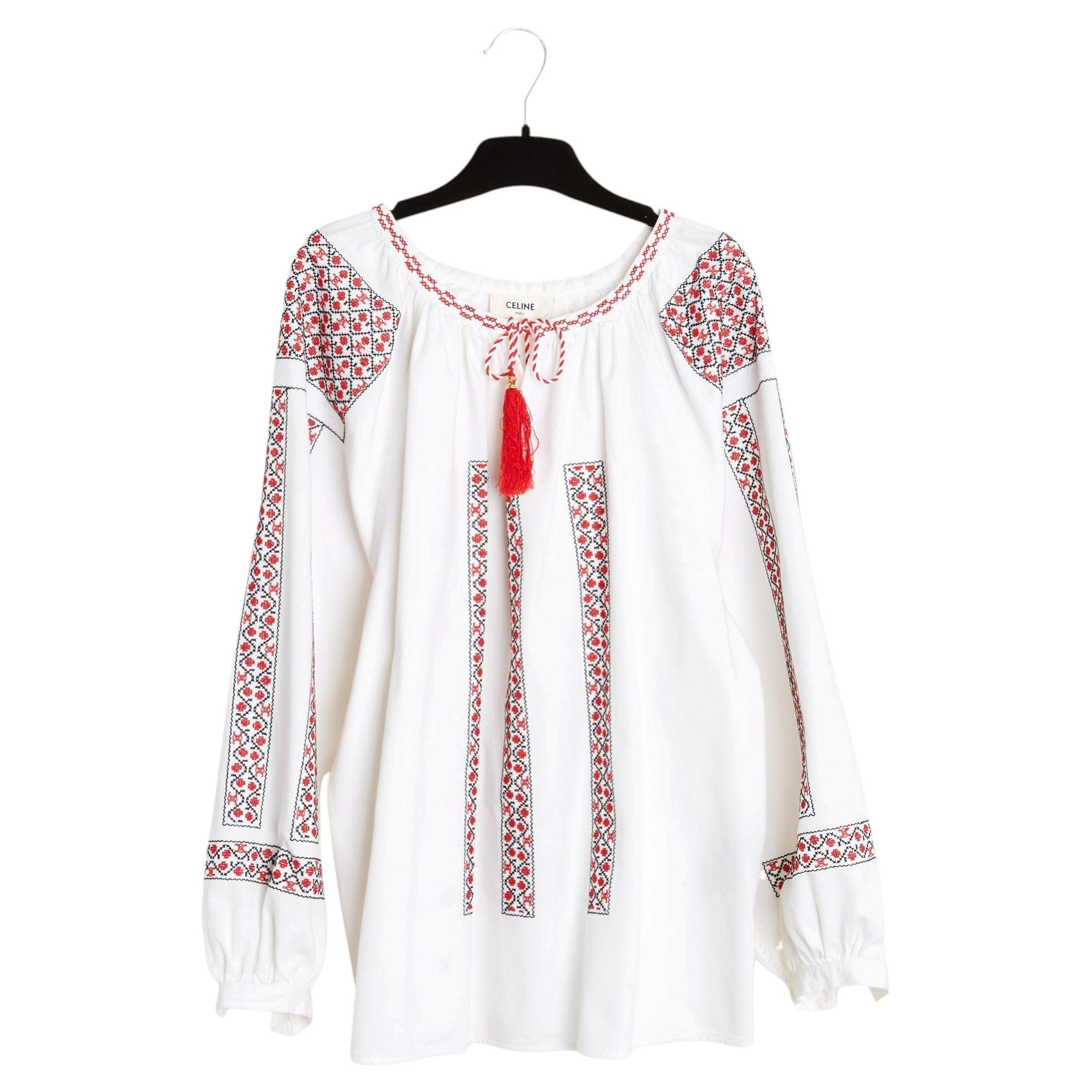 CELINE Top Romy FR38 White Denim Romanian Embroided Top Blouse UK10 US8 Céline