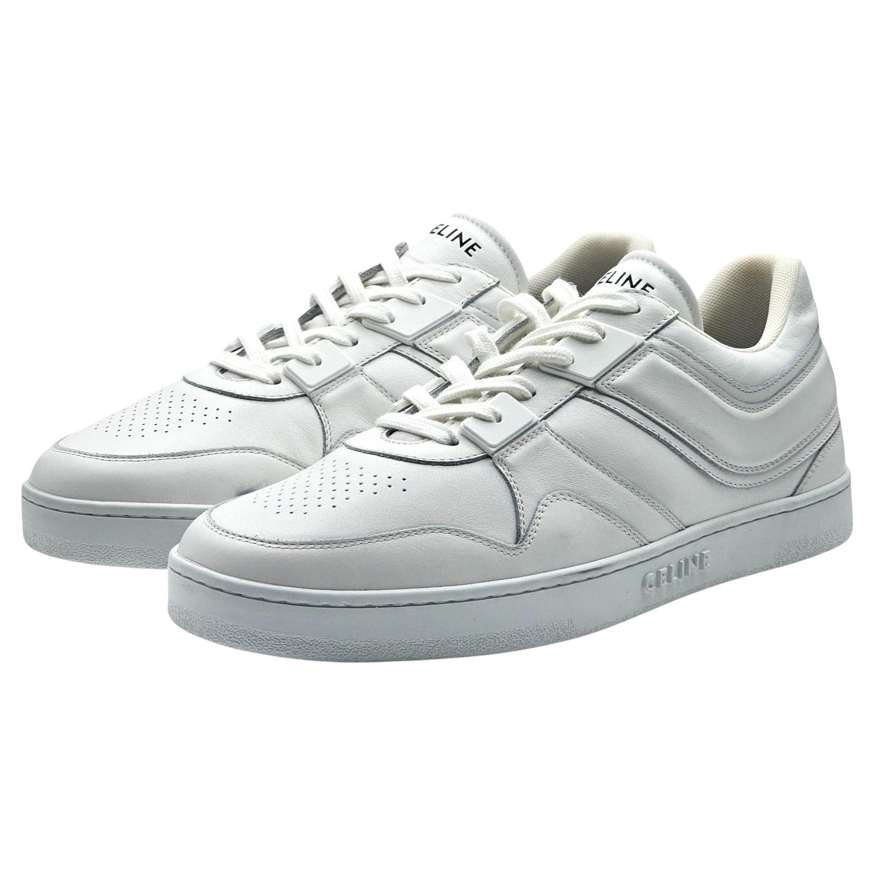 Celine Trainer Low Top Leather Sneakers in White For Sale