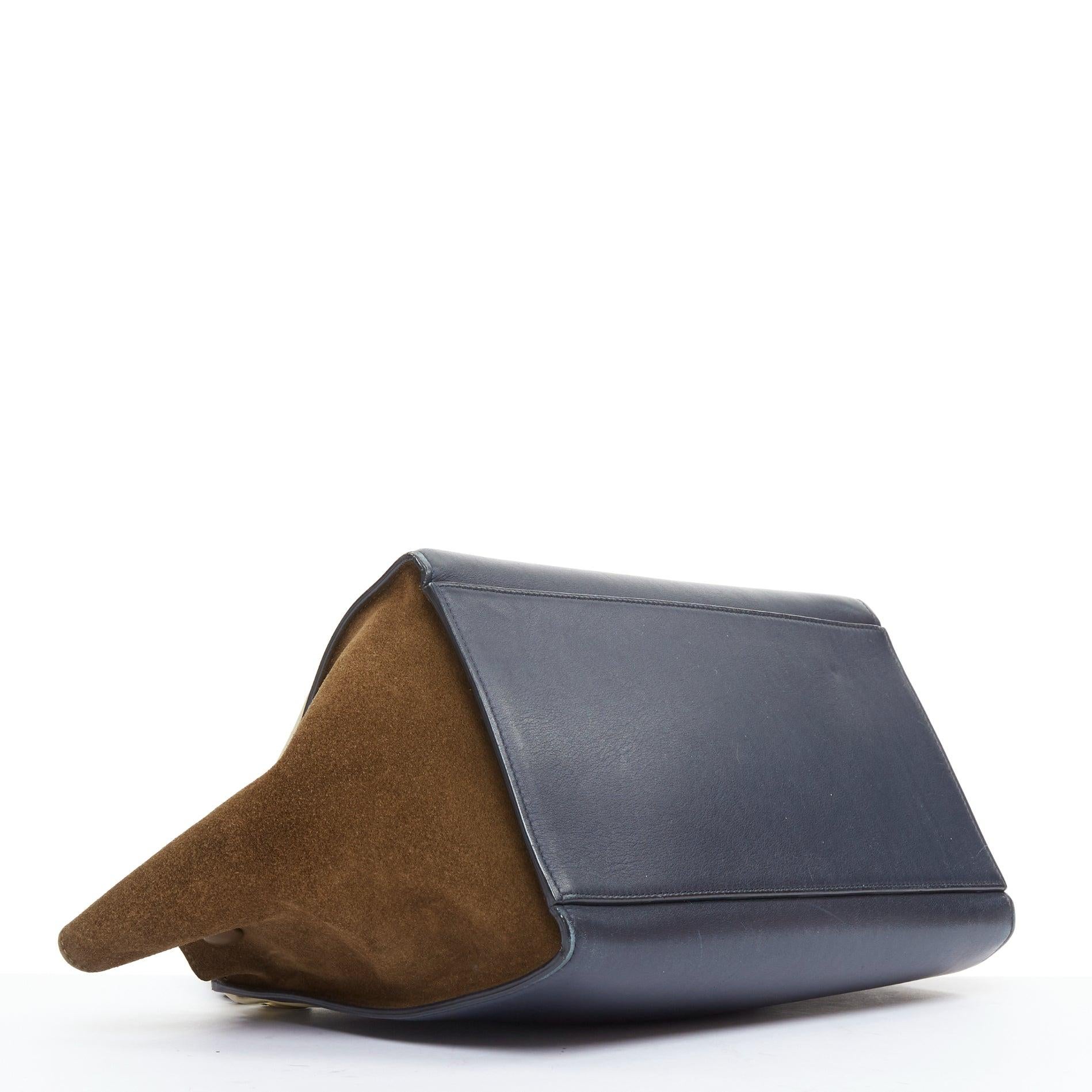 CELINE Trapeze beige scaled leather flap navy brown gold hardware bag For Sale 1