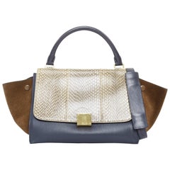 CELINE Trapeze beige scaled leather flap navy brown gold hardware bag