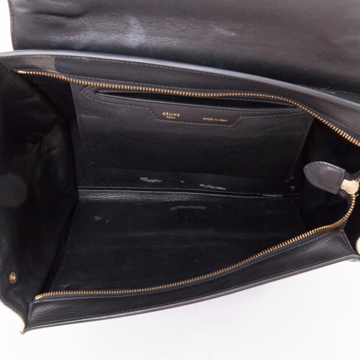 CELINE Trapeze black smooth leather cream canvas crossbody satchel bag For Sale 5