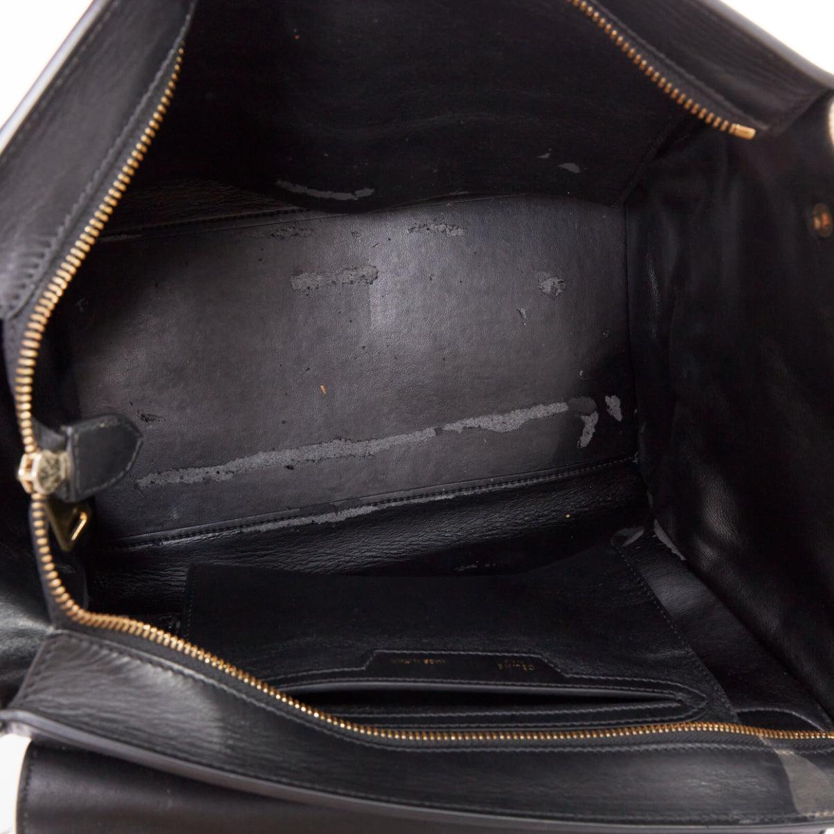 CELINE Trapeze black smooth leather cream canvas crossbody satchel bag For Sale 7