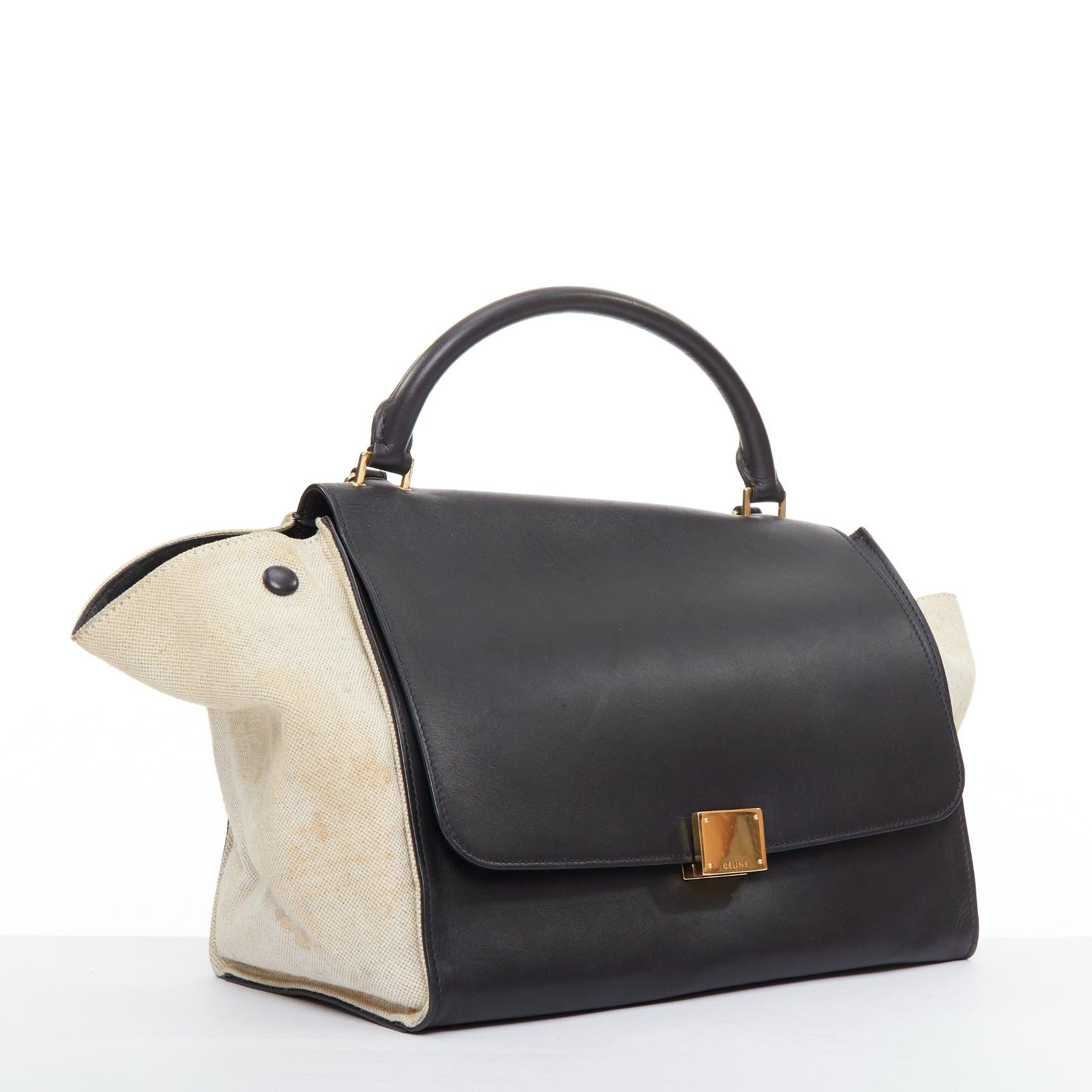 Black CELINE Trapeze black smooth leather cream canvas crossbody satchel bag For Sale