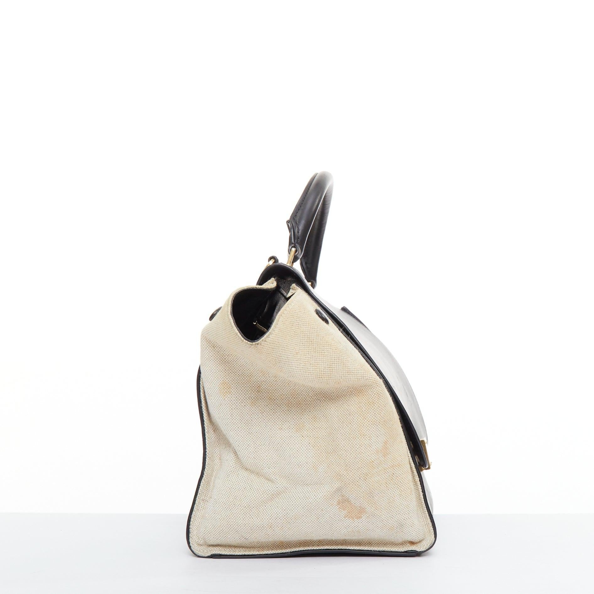 CELINE Trapeze black smooth leather cream canvas crossbody satchel bag In Fair Condition For Sale In Hong Kong, NT