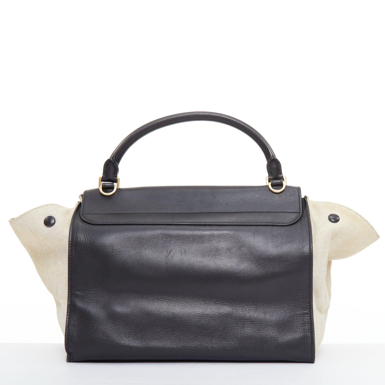 Women's CELINE Trapeze black smooth leather cream canvas crossbody satchel bag For Sale