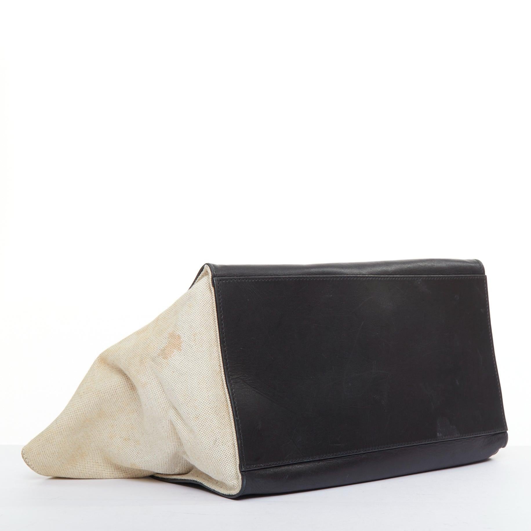 CELINE Trapeze black smooth leather cream canvas crossbody satchel bag For Sale 1