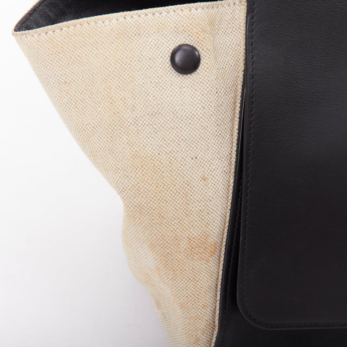 CELINE Trapeze black smooth leather cream canvas crossbody satchel bag For Sale 4