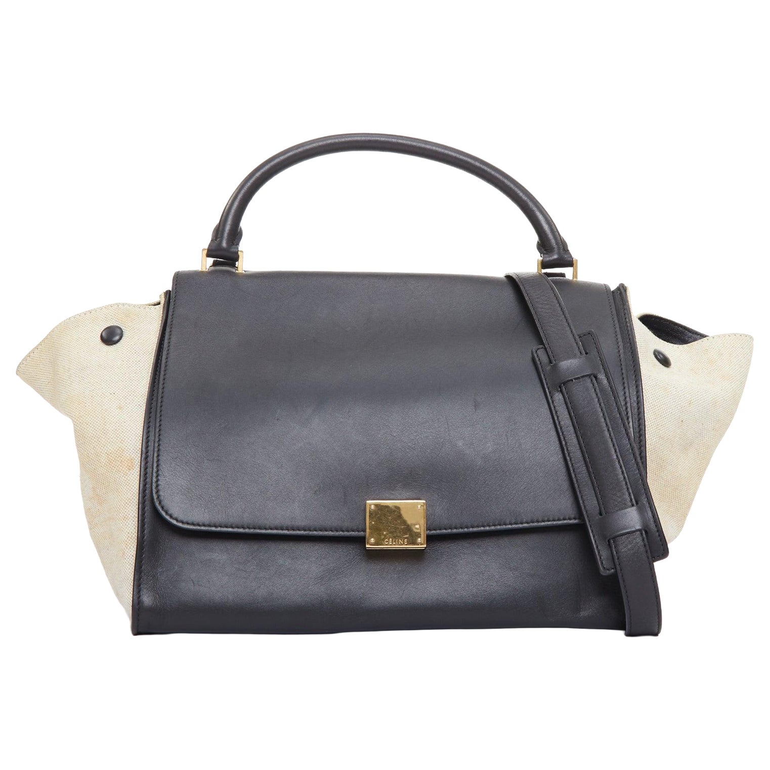 CELINE Trapeze black smooth leather cream canvas crossbody satchel bag