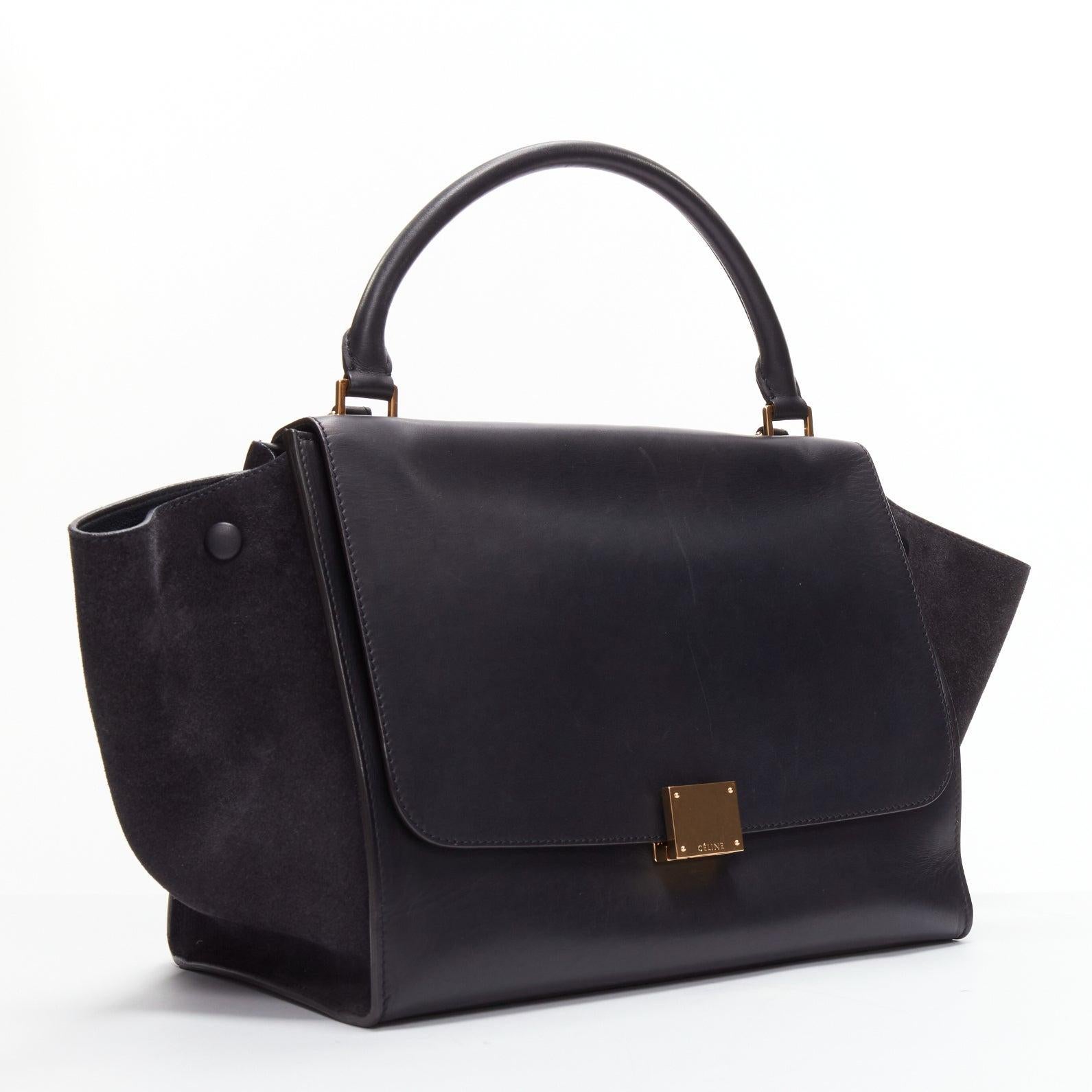 CELINE Trapeze black soft suede leather panels GHW satchel tote bag In Good Condition In Hong Kong, NT