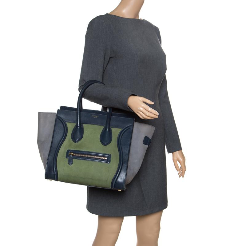 The mini Luggage tote from Celine is one of the most popular handbags in the world. This tote is crafted from leather and Nubuck leather in a mix of three shades. It comes with rolled top handles and a front zip pocket. Also, the bag is equipped