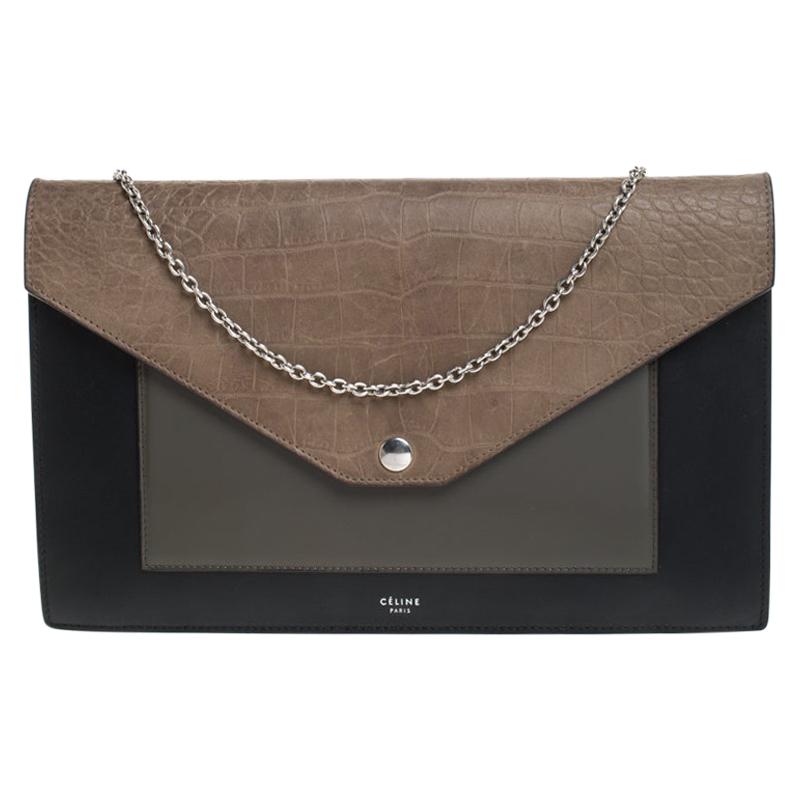 Celine Tri Color Leather and Patent Leather Pocket Clutch on Chain