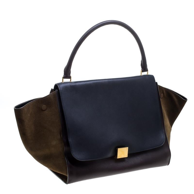 Black Celine Tri Color Leather and Suede Large Trapeze Bag
