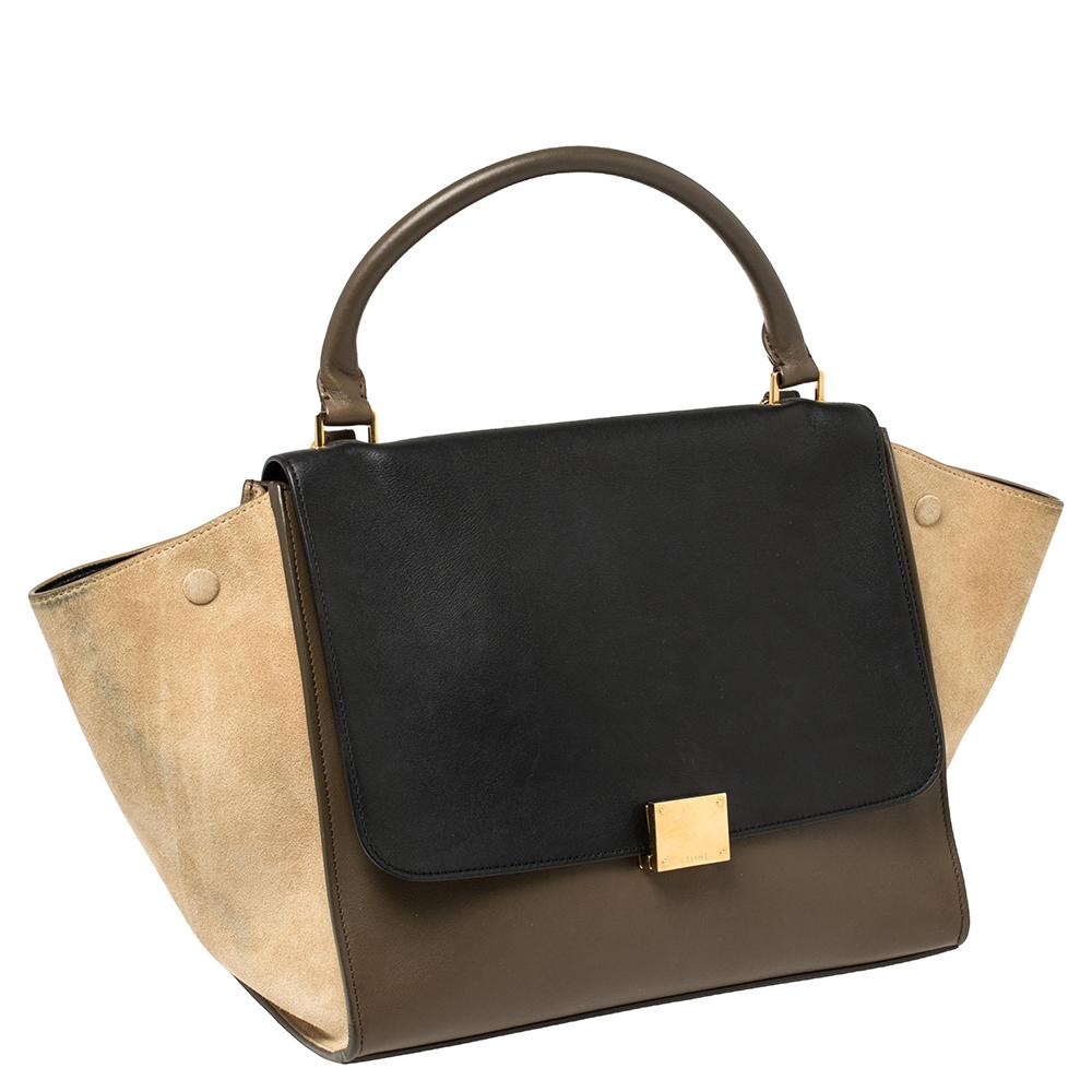 Black Celine Tri Color Leather and Suede Medium Trapeze Top Handle Bag