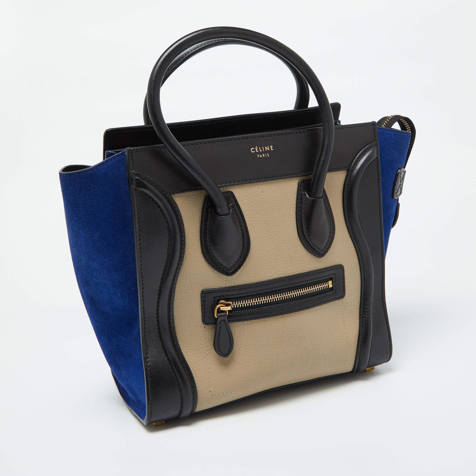 Black Celine Tri Color Leather and Suede Micro Luggage Tote For Sale