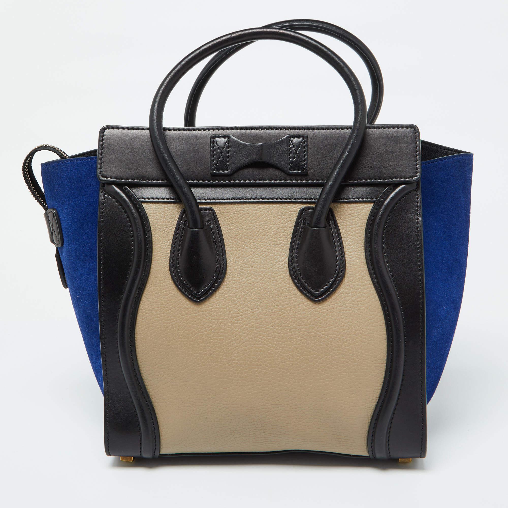 Celine Tri Color Leather and Suede Micro Luggage Tote In Good Condition For Sale In Dubai, Al Qouz 2