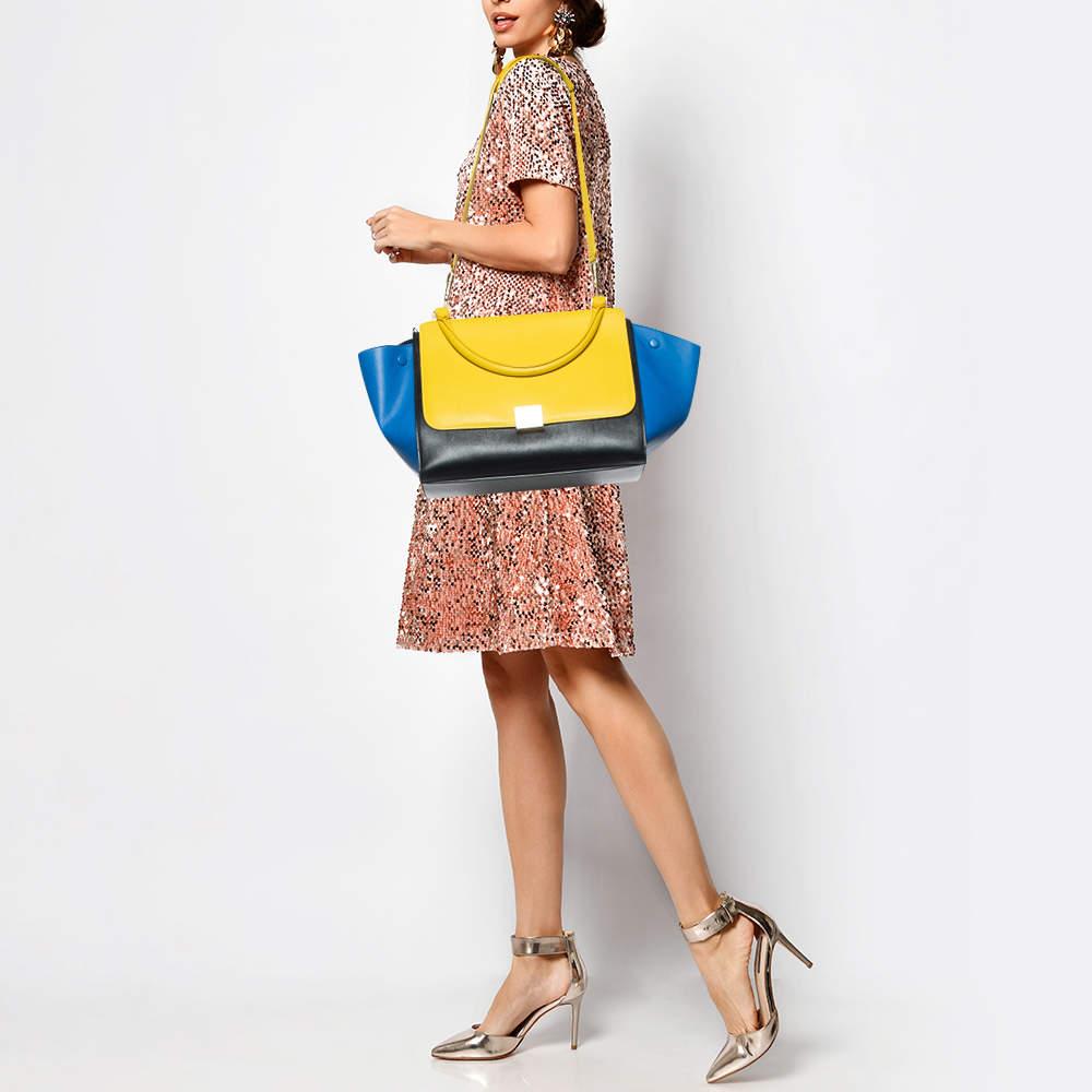 Yellow Celine Tri Color Leather Medium Trapeze Bag For Sale