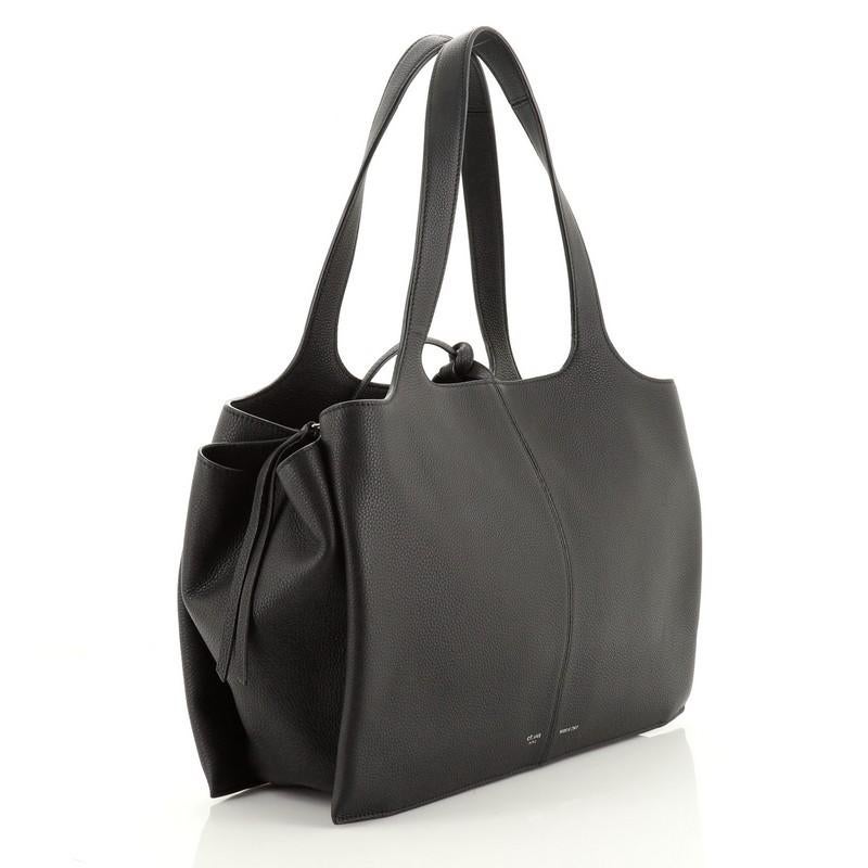 Black Celine Tri-Fold Shoulder Bag Grained Calfskin Medium