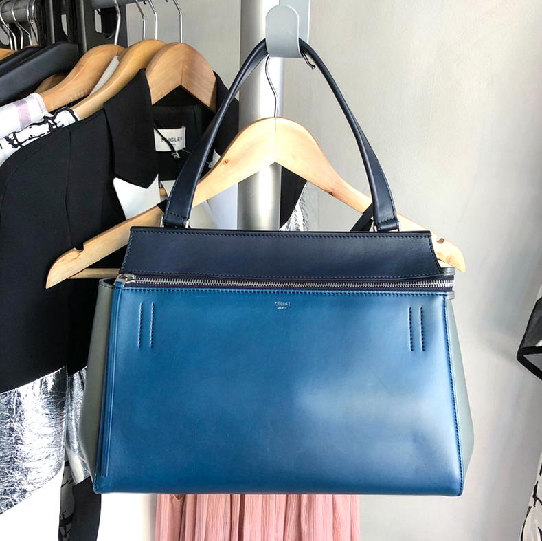 Celine Tricolor Blue Black Grey Small Edge Bag. Original retail $2300 USD.  Top hinged handle with silver zipper across front and smooth leather.  Measures 13 x 10 x 7
