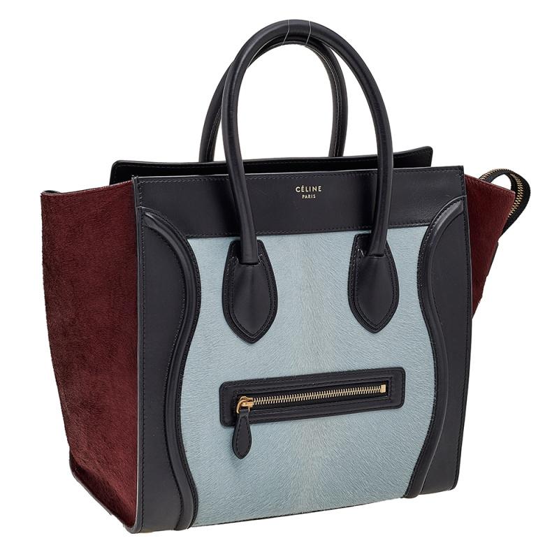 Black Celine Tricolor Leather And Calf Hair Mini Luggage Tote