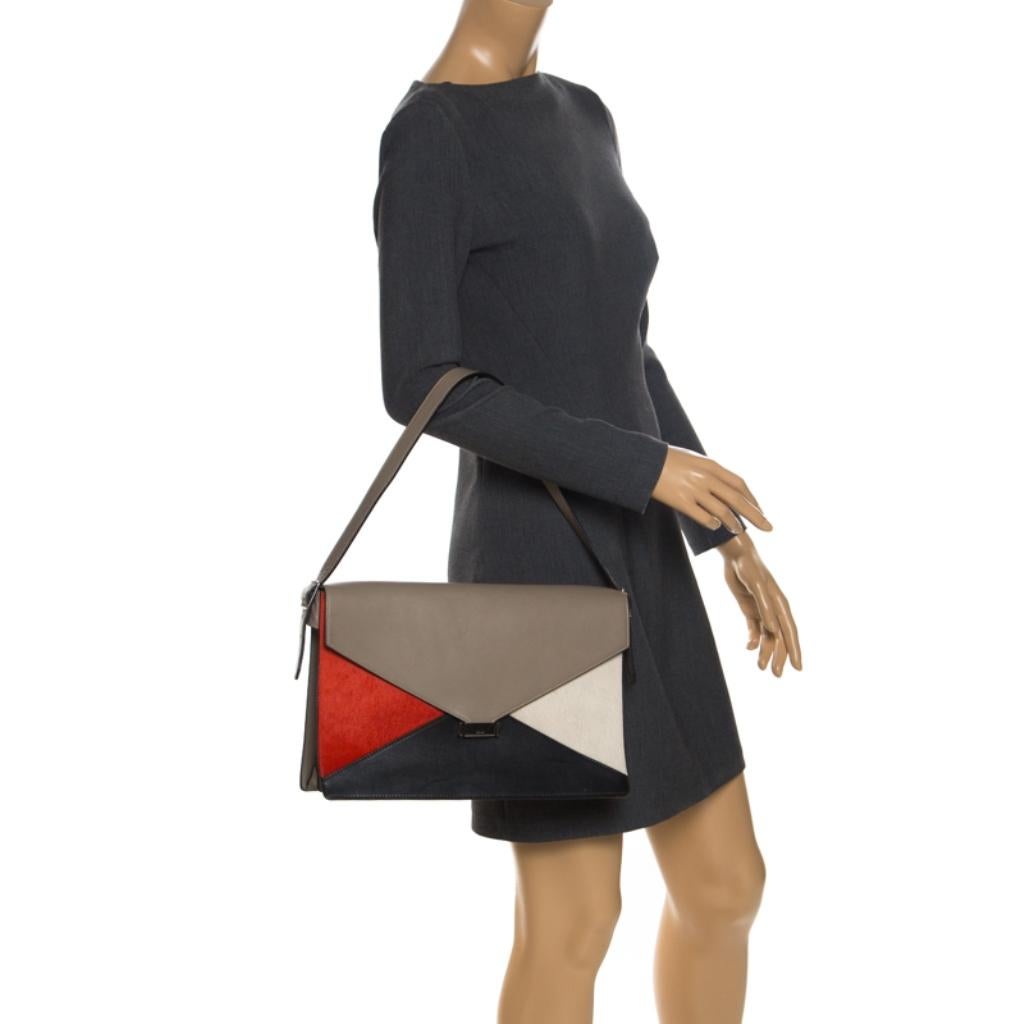 Beige Celine Tricolor Leather and Calfhair Medium Diamond Shoulder Bag