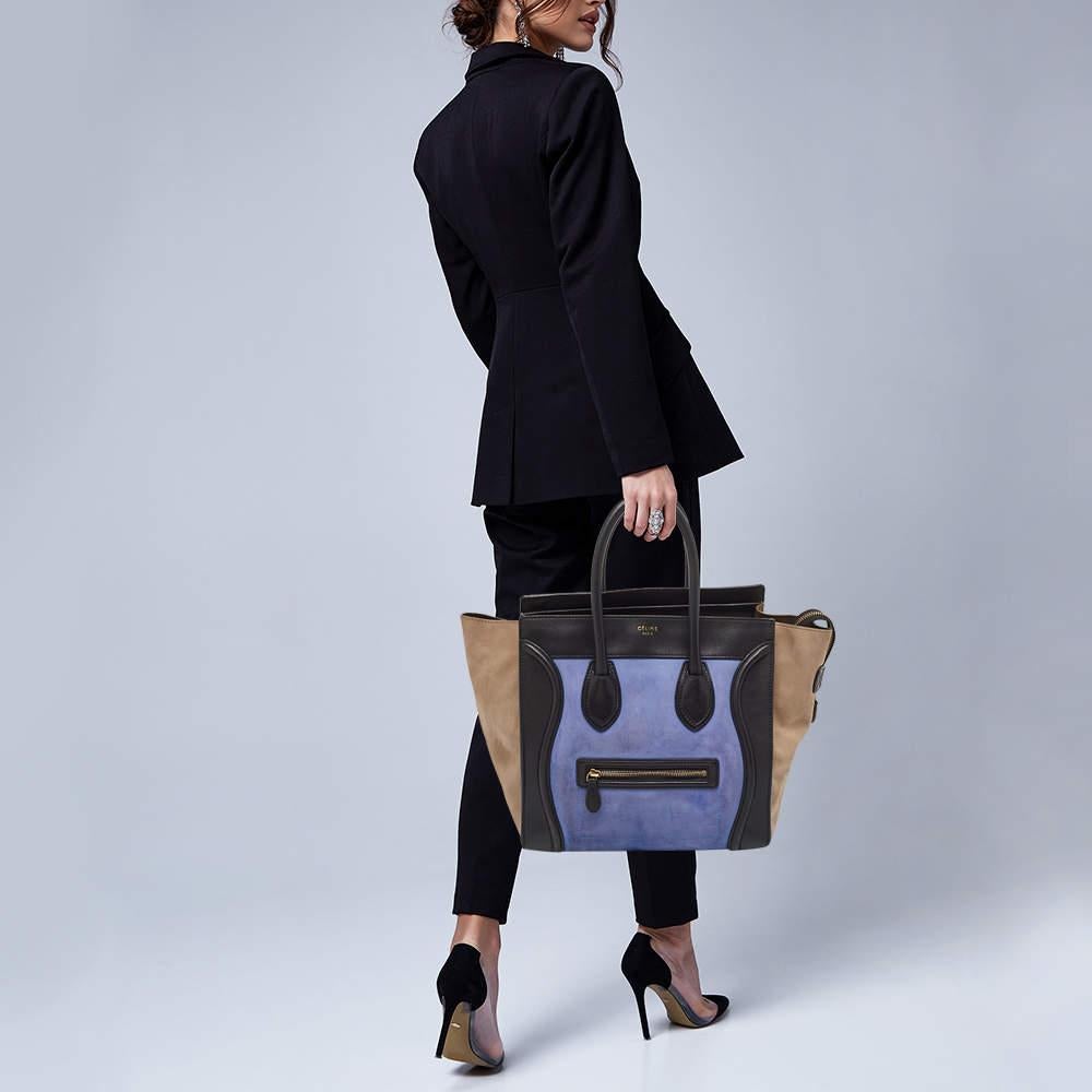 Mini-Gepäcktasche von Celine aus dreifarbigem Leder und Nubuck im Zustand „Relativ gut“ im Angebot in Dubai, Al Qouz 2