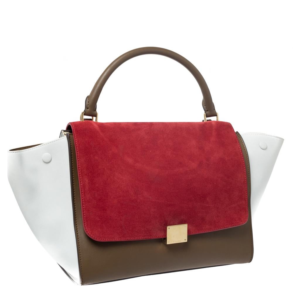 Red Celine Tricolor Leather and Suede Medium Trapeze Bag