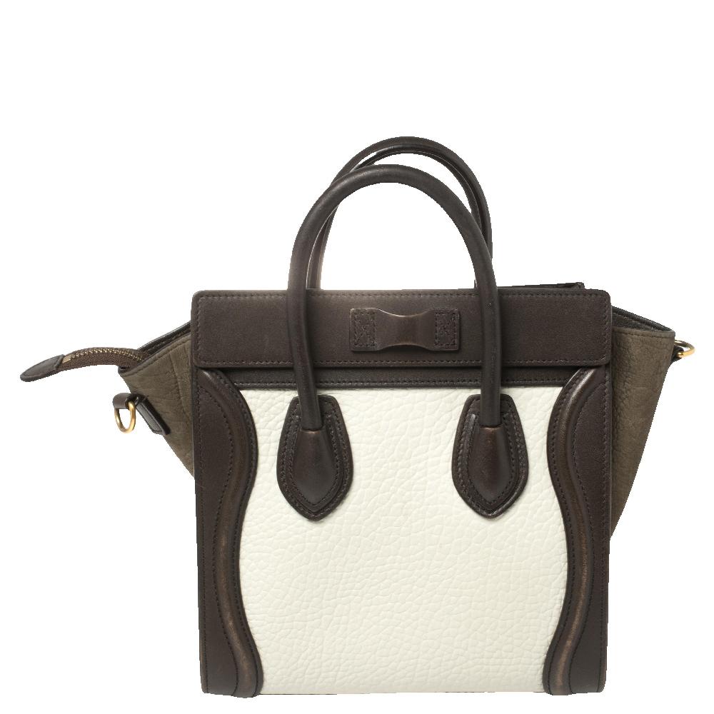 The Nano Luggage tote from Celine is one of the most popular handbags in the world. This tote is crafted from leather and designed in three shades. It comes with rolled top handles, a detachable shoulder strap, and a front zip pocket. The bag is