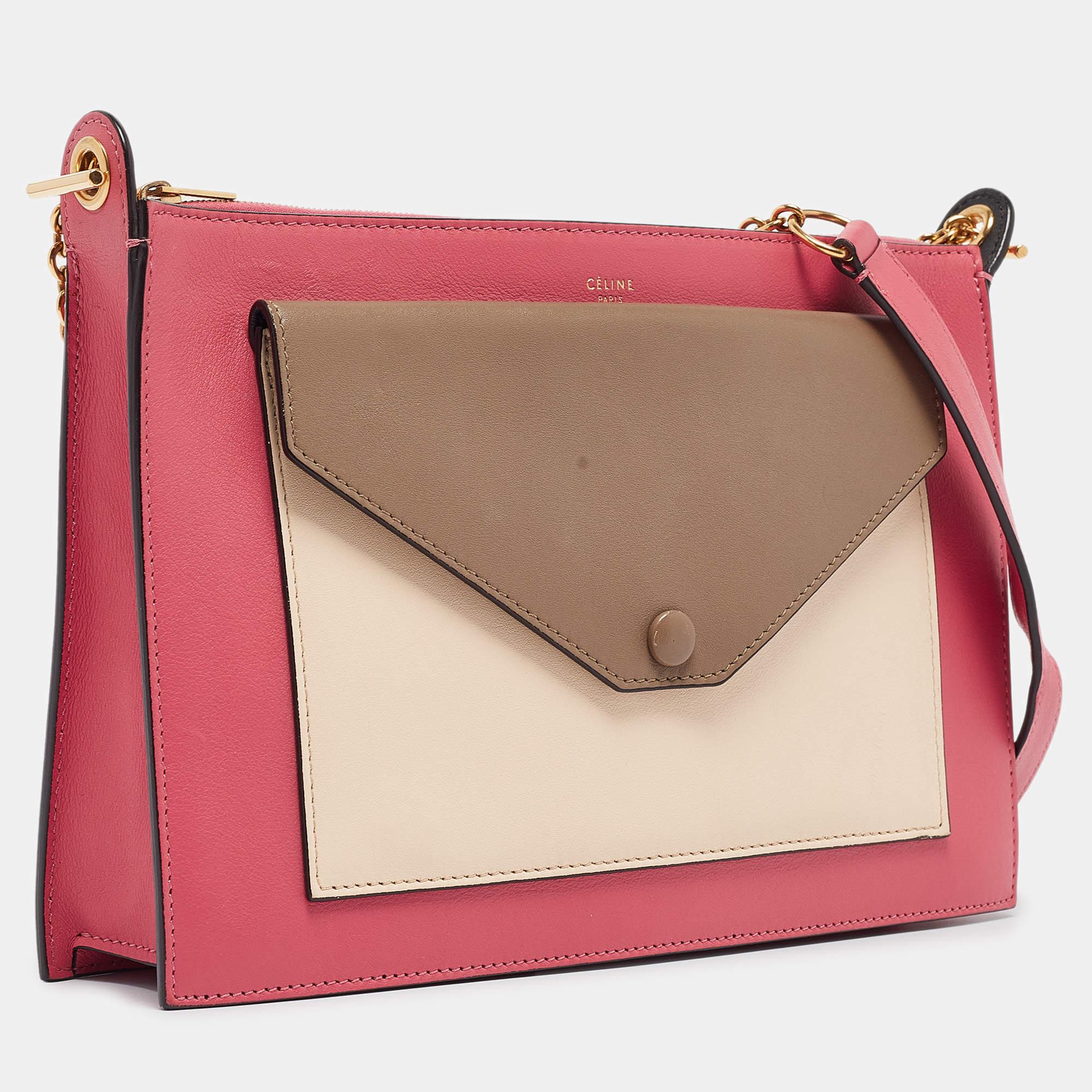 Bolso de hombro tipo sobre con bolsillo de piel tricolor Celine Rosa