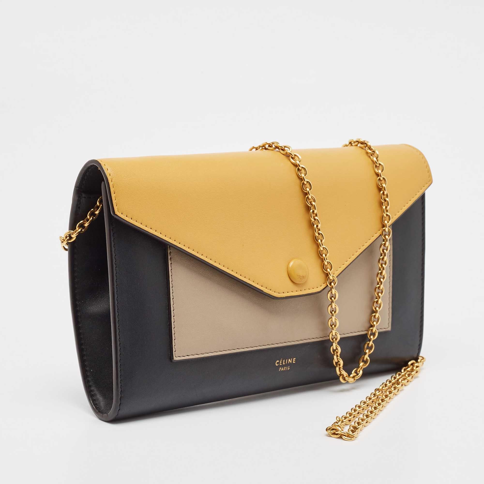 Beige Celine Tricolor Leather Pocket Envelope Wallet On Chain